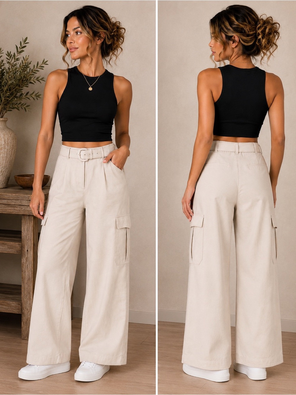 Express High-Waist Wide Leg Cargo Pants in Light Beige